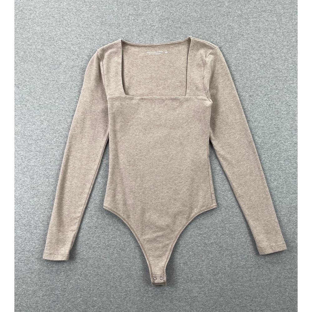 Abercrombie Bodysuit Top S Light Brown Cotton Seamless Square Neck Long Sleeve